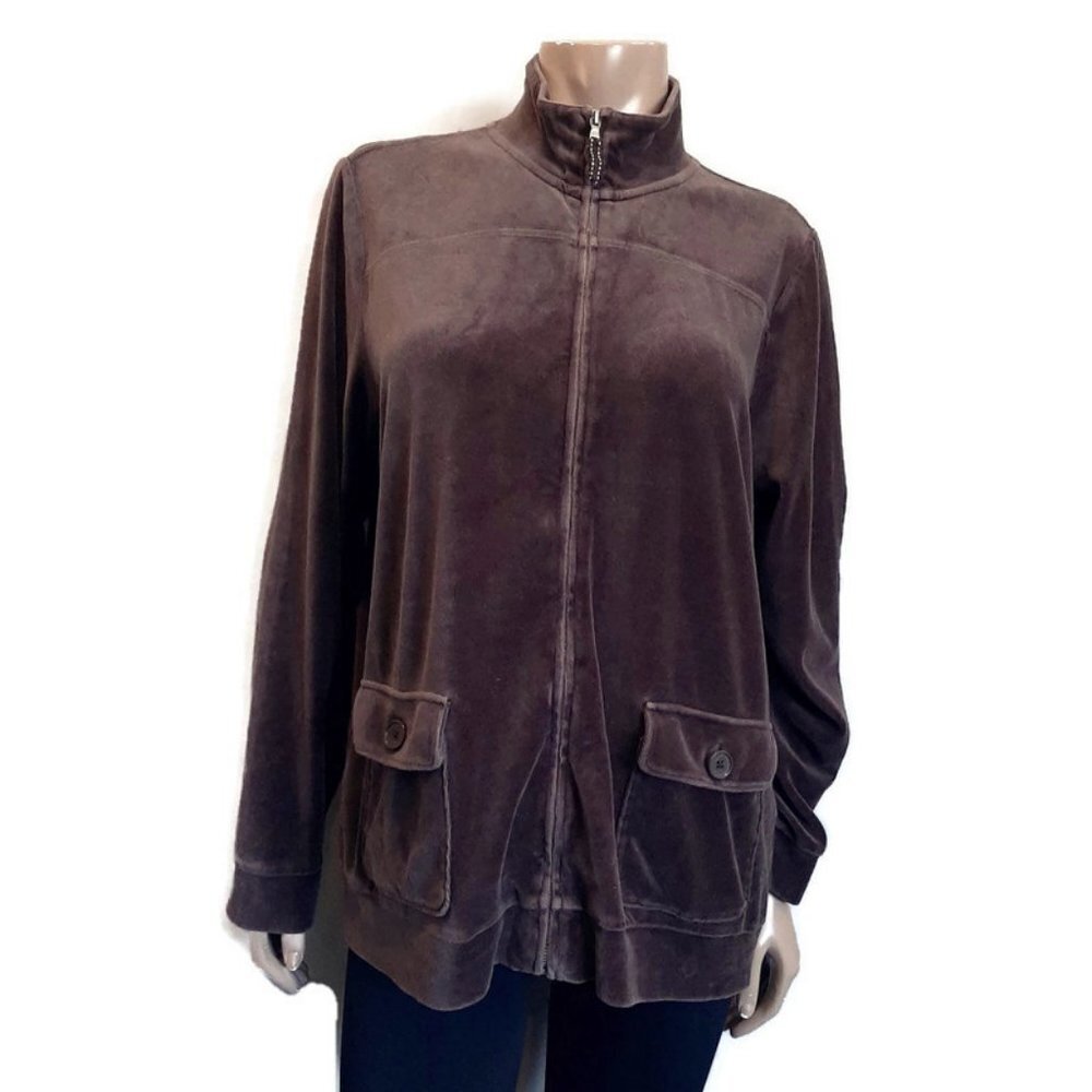 Lands End Velour Full Zip Jacket Sweatshirt Brown Fall Winter Size Large 14 16